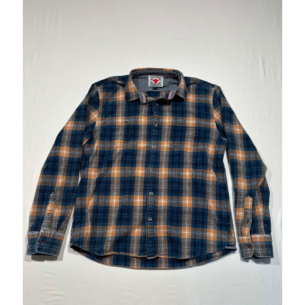 Desert Son‎ Flag & Anthem Mens Large Navy Blue Orange Plaid Flannel Button Up